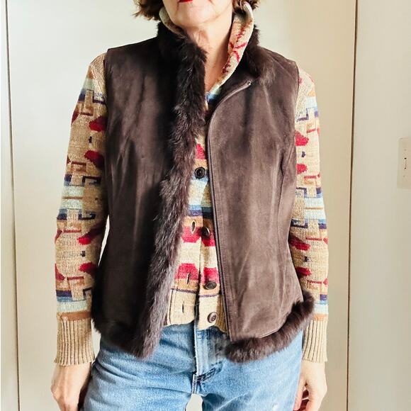 Brown Suede Fur Trimmed Vest Y2K Vintage Size 12/L Heritage Fall Vibes - Picture 8 of 8